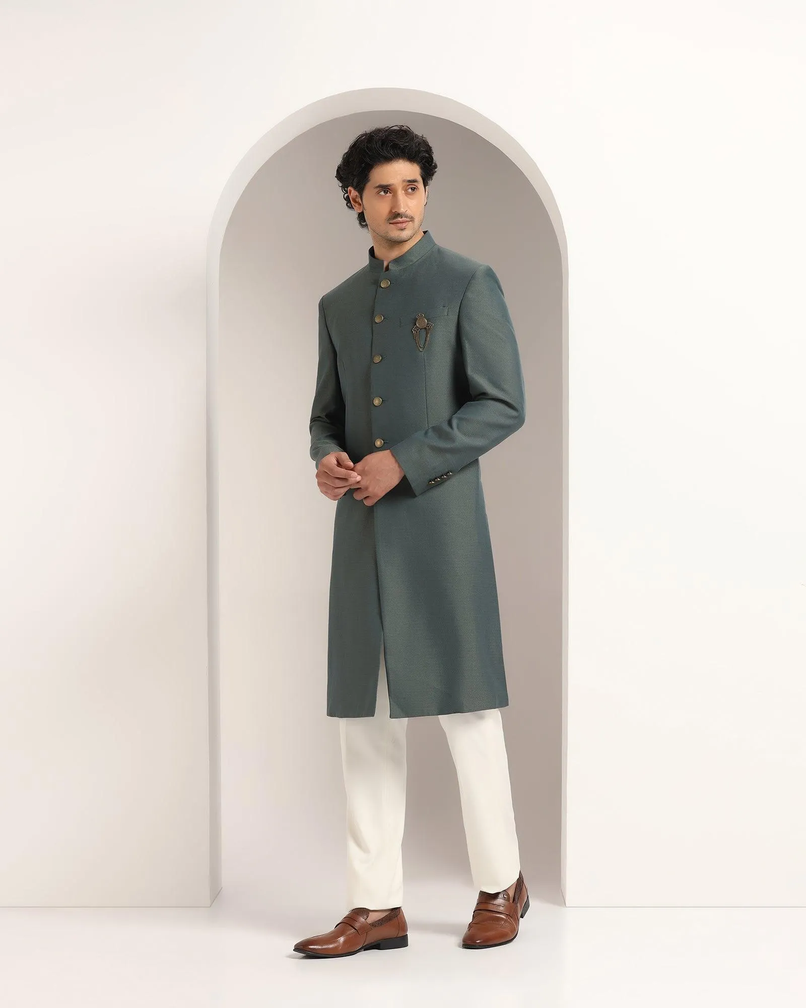 Swarn Two Piece Dark Green Textured Achkan Set - Dimitri