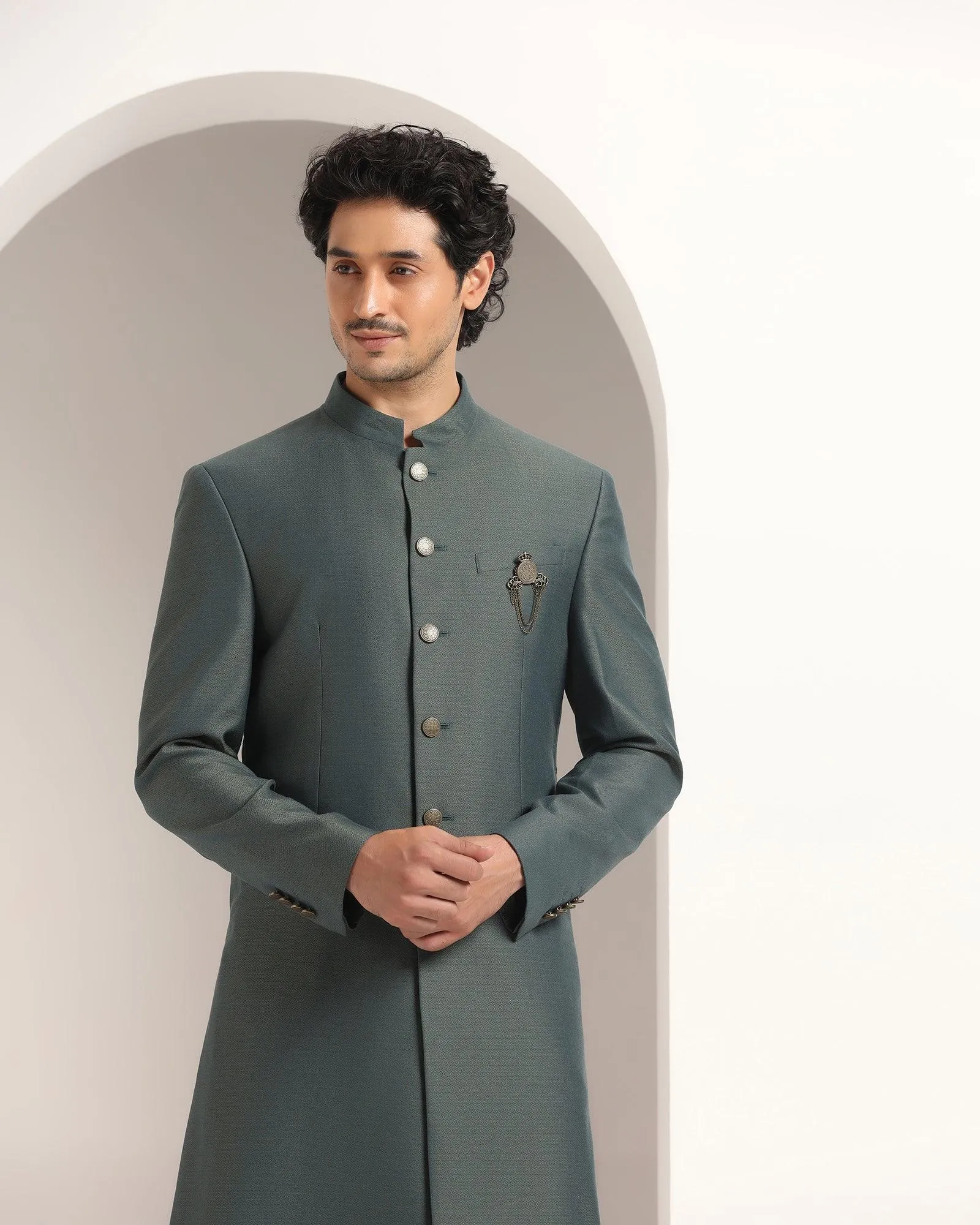 Swarn Two Piece Dark Green Textured Achkan Set - Dimitri