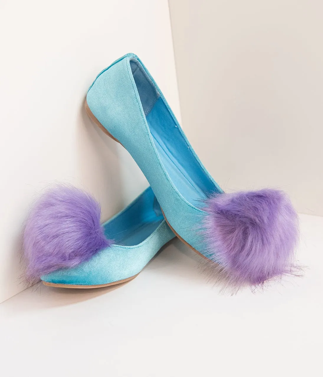 Teal Velvet & Purple Pom Pom Ballet Flats