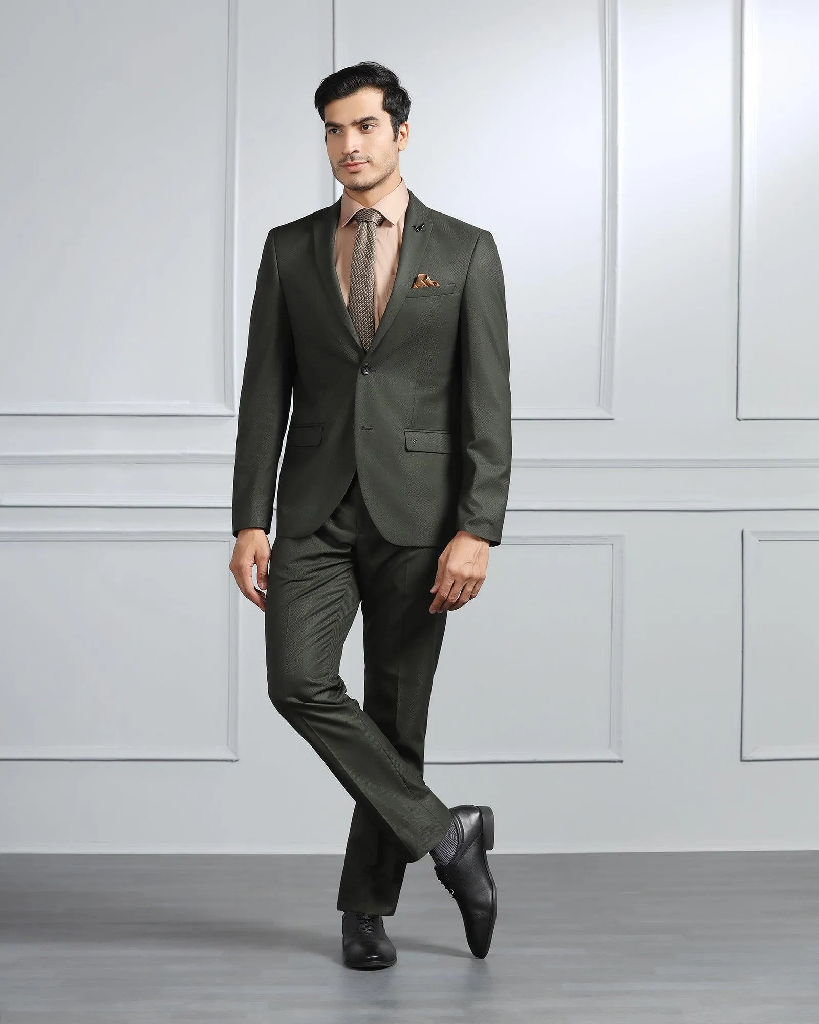 Two Piece Dark Green Textured Formal Suit - Valcon