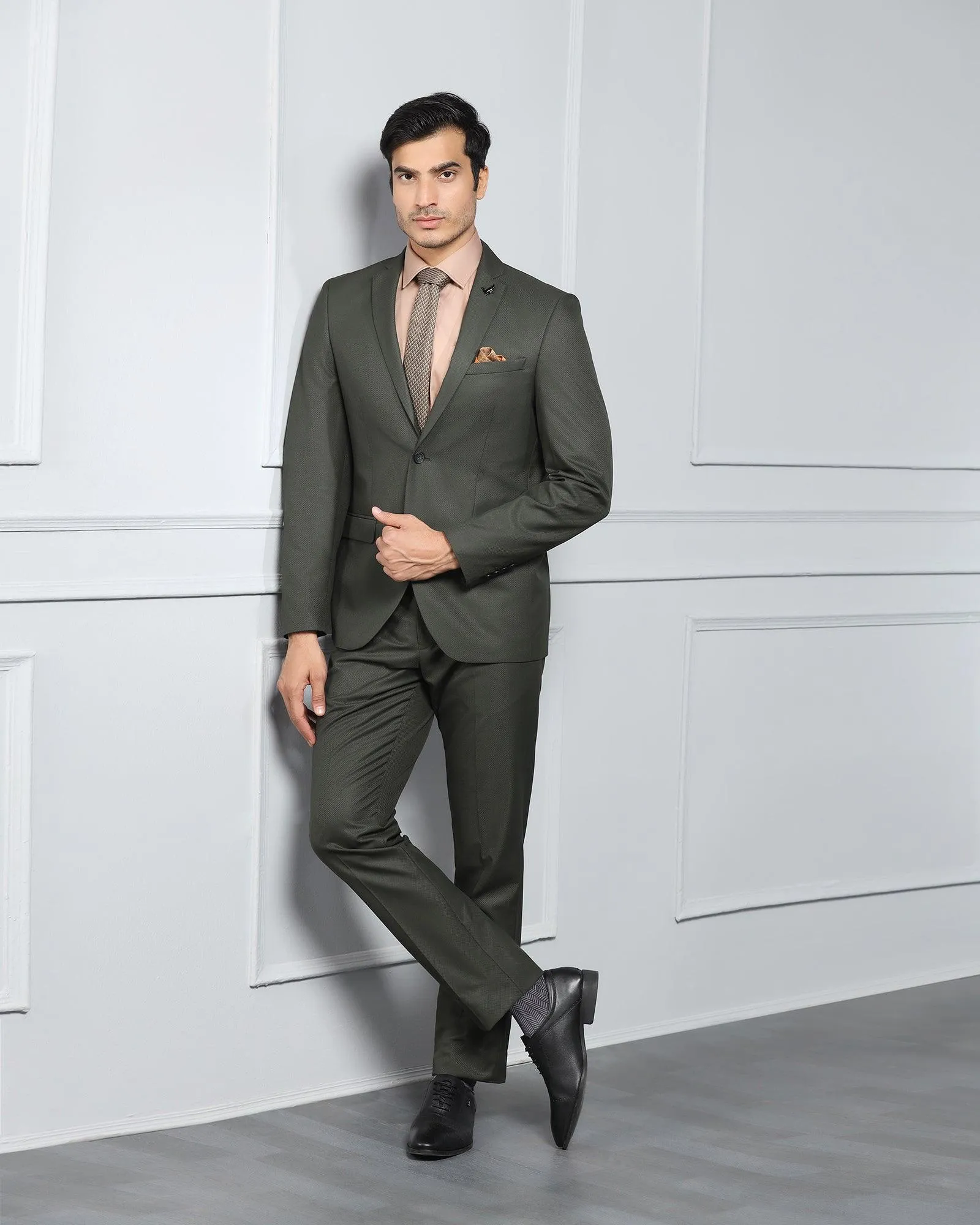 Two Piece Dark Green Textured Formal Suit - Valcon