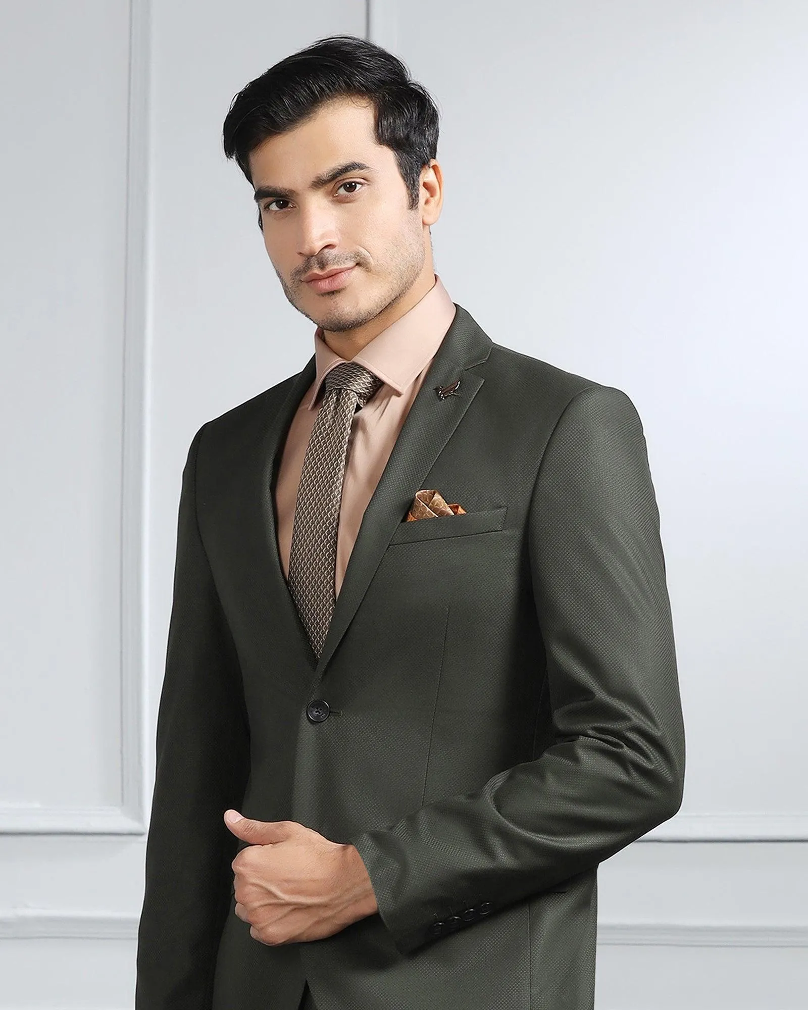 Two Piece Dark Green Textured Formal Suit - Valcon