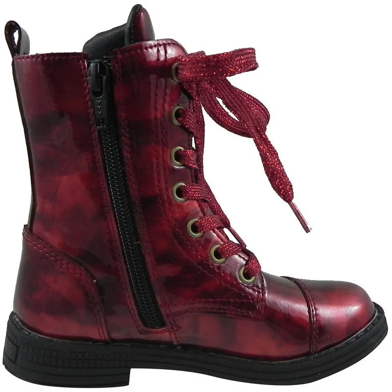 Umi Girl's Stomp Patent Leather Lace Up Zipper Closure Ankle Combat Boots Cherry