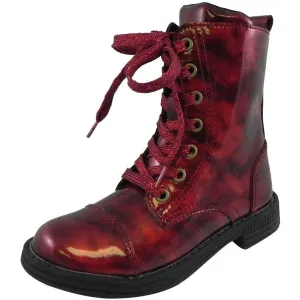 Umi Girl's Stomp Patent Leather Lace Up Zipper Closure Ankle Combat Boots Cherry