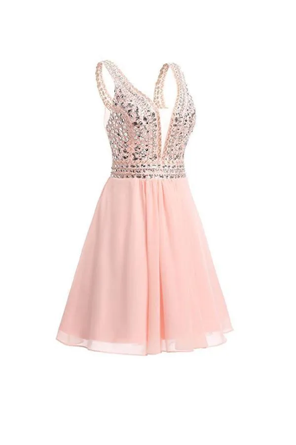 V-neck Beads Chiffon Homecoming Dress Short Prom Dress PG089