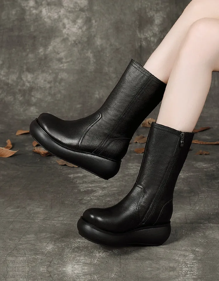 Winter Autumn Handmade Mid Calf Retro Wedge Boots