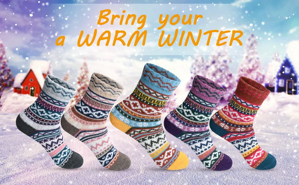 Winter Socks - #08LFWKCKY - 5 Pairs Womens Thick Knitted Wool Warm Socks