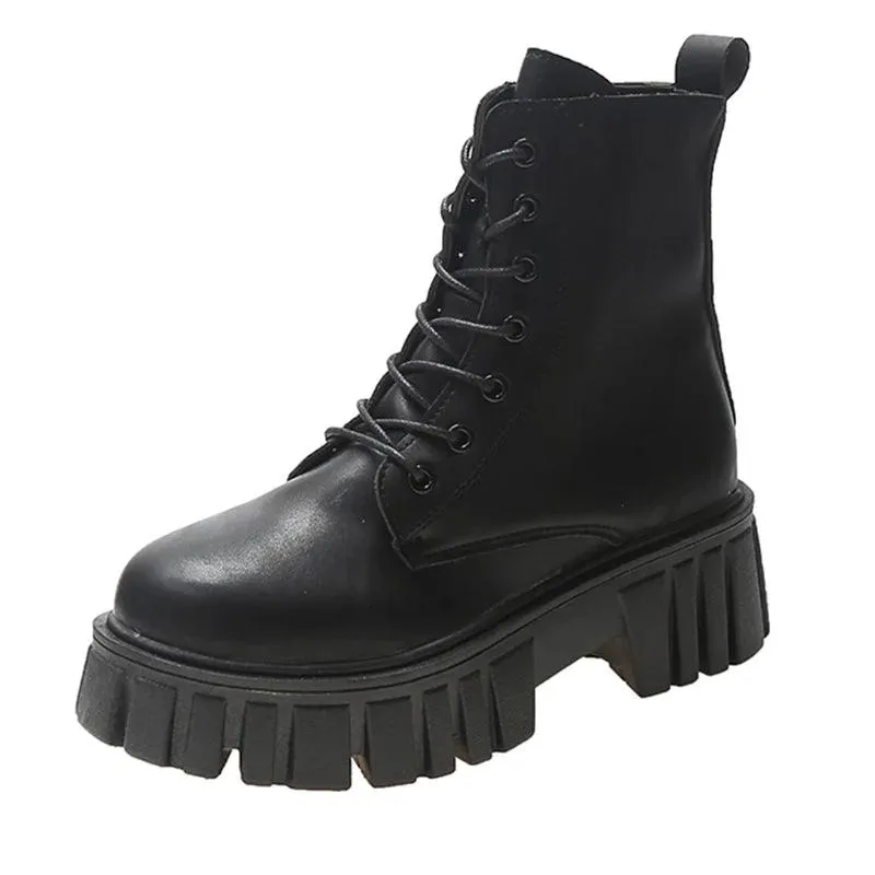 Women Black Beige Leather Fashion High Platform Combat Boots