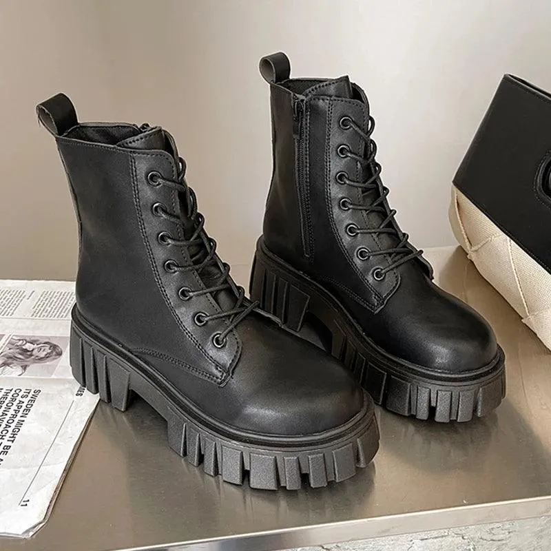 Women Black Beige Leather Fashion High Platform Combat Boots