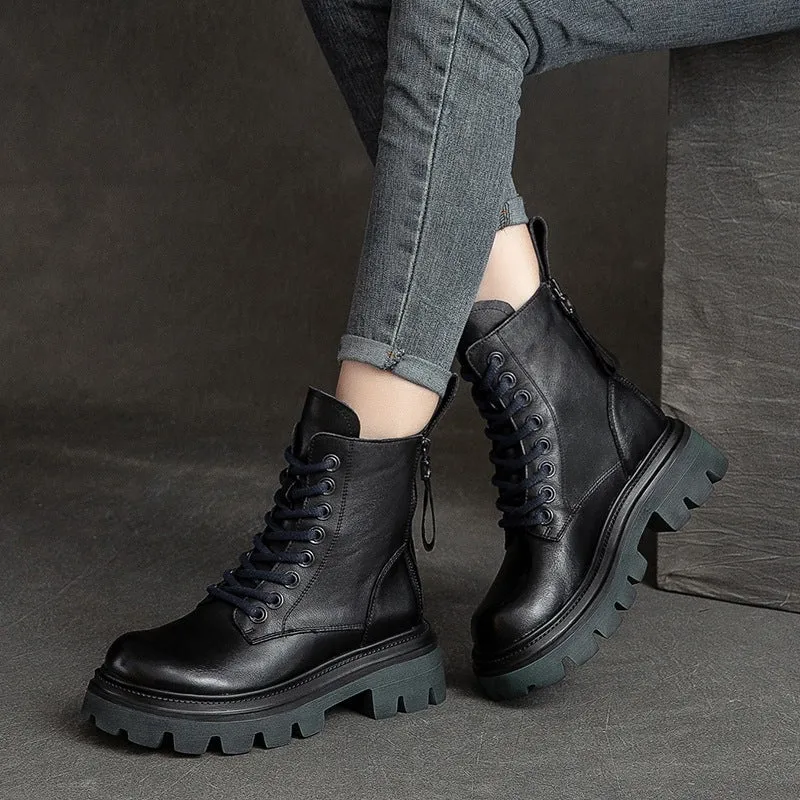 Women Retro Soft Leather Lug Sole Combat Boots