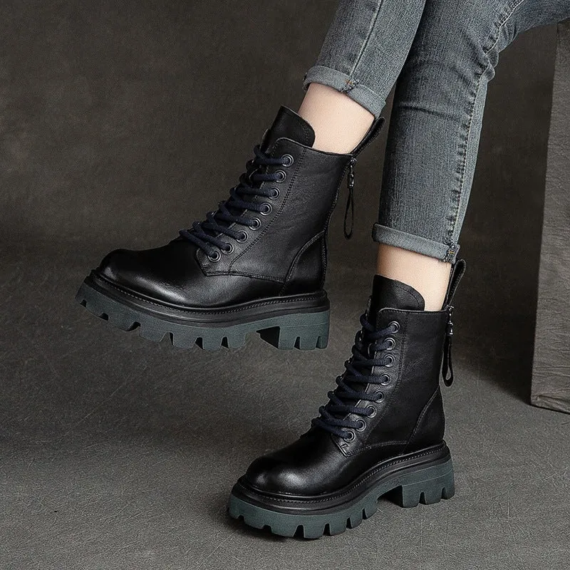 Women Retro Soft Leather Lug Sole Combat Boots