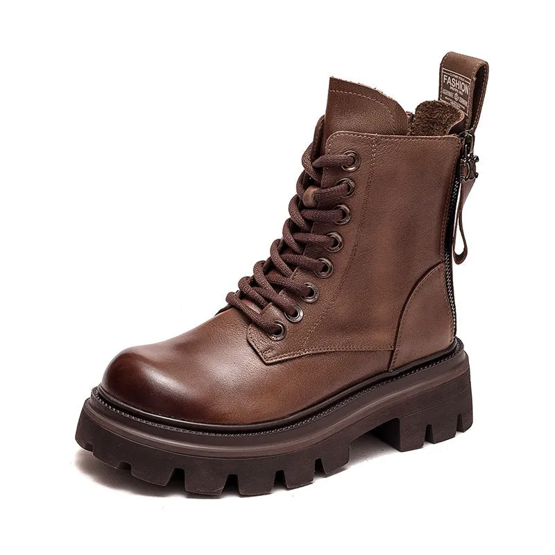 Women Retro Soft Leather Lug Sole Combat Boots