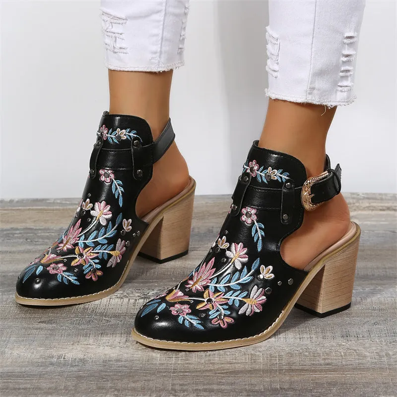 Women summer boots | Embroidery studded slingback buckle strap chunky heeled booties