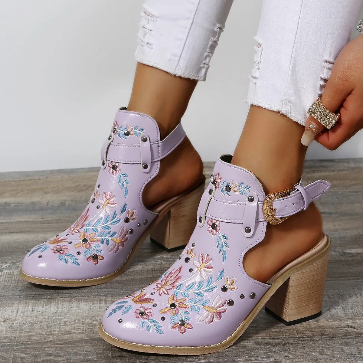 Women summer boots | Embroidery studded slingback buckle strap chunky heeled booties