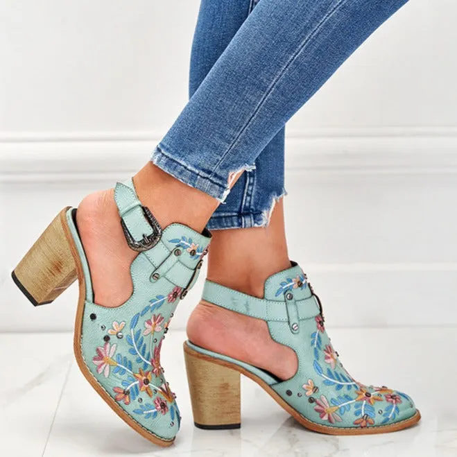 Women summer boots | Embroidery studded slingback buckle strap chunky heeled booties