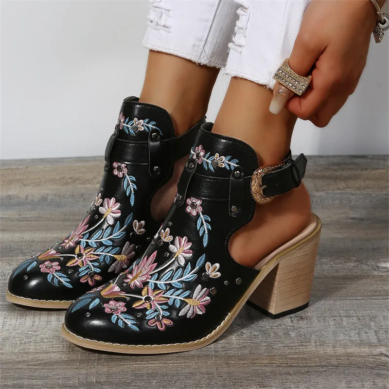 Women summer boots | Embroidery studded slingback buckle strap chunky heeled booties