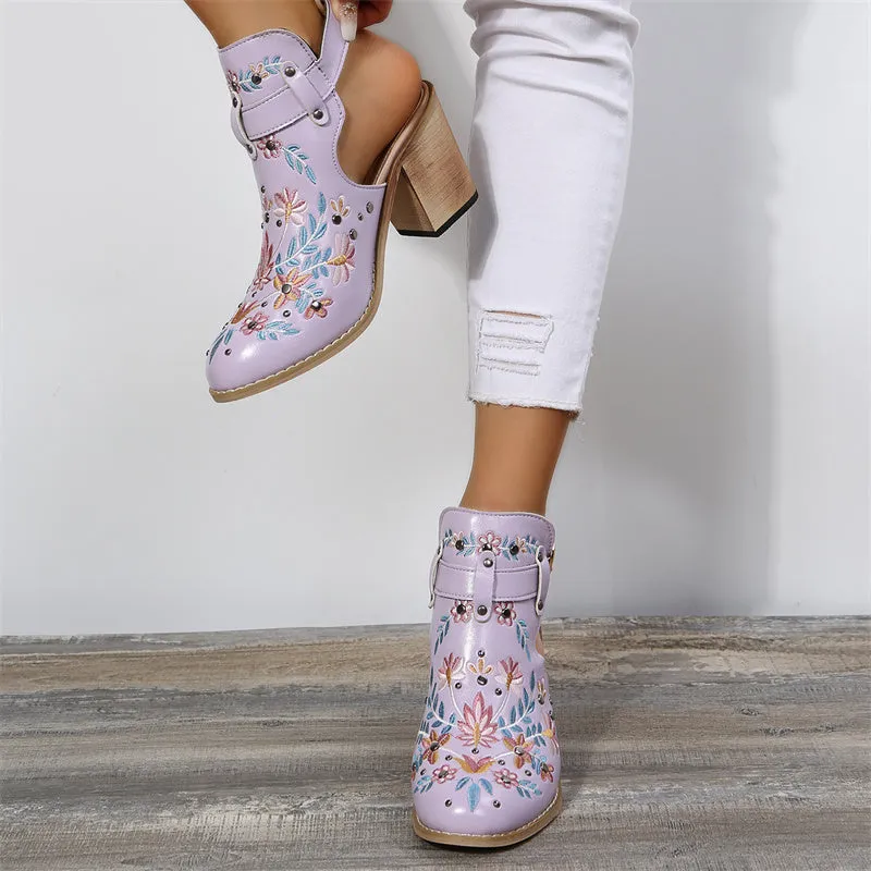 Women summer boots | Embroidery studded slingback buckle strap chunky heeled booties