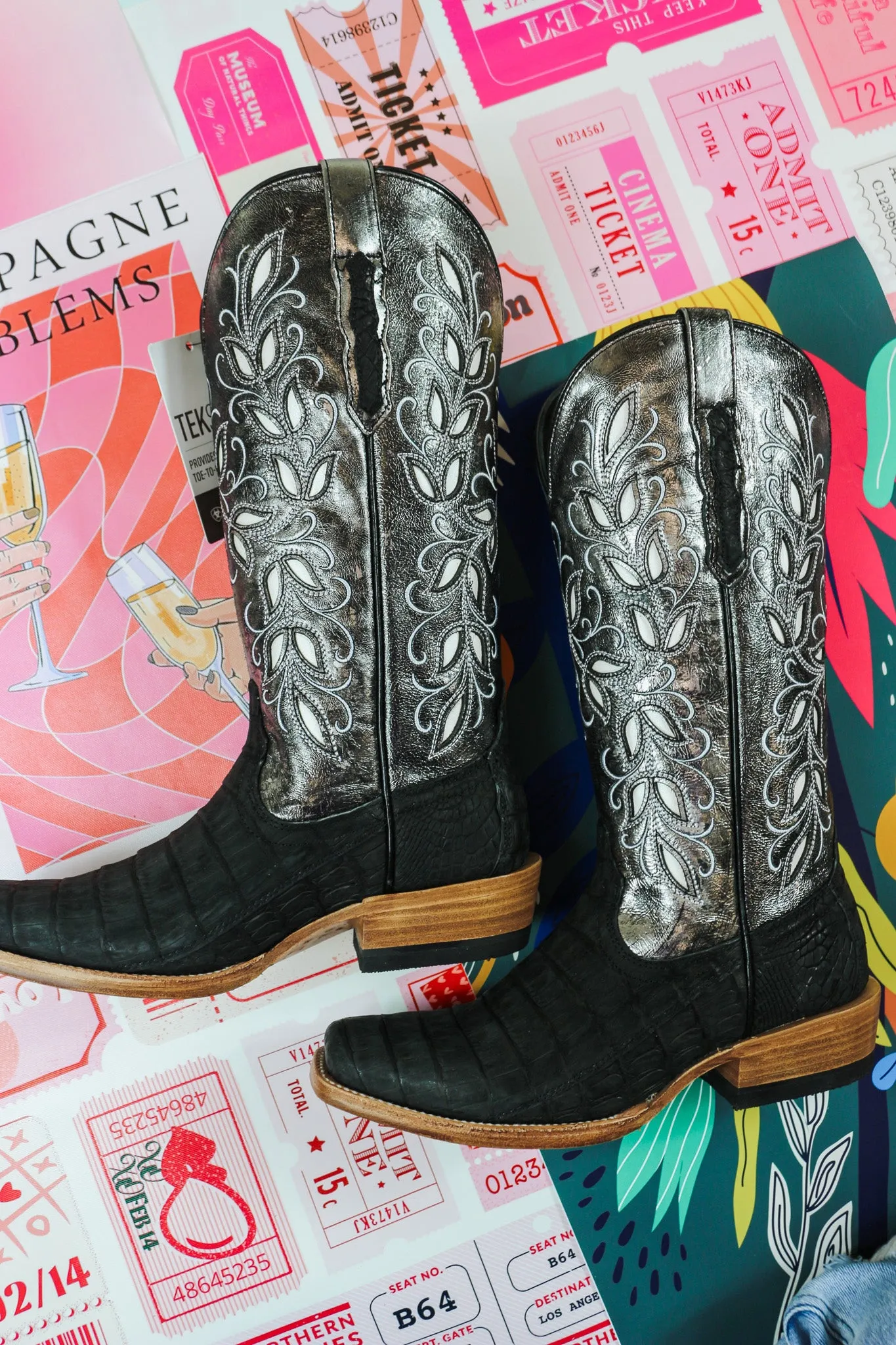 Womens Ariat Futurity Silk Silver Black Sueded Caiman Boot