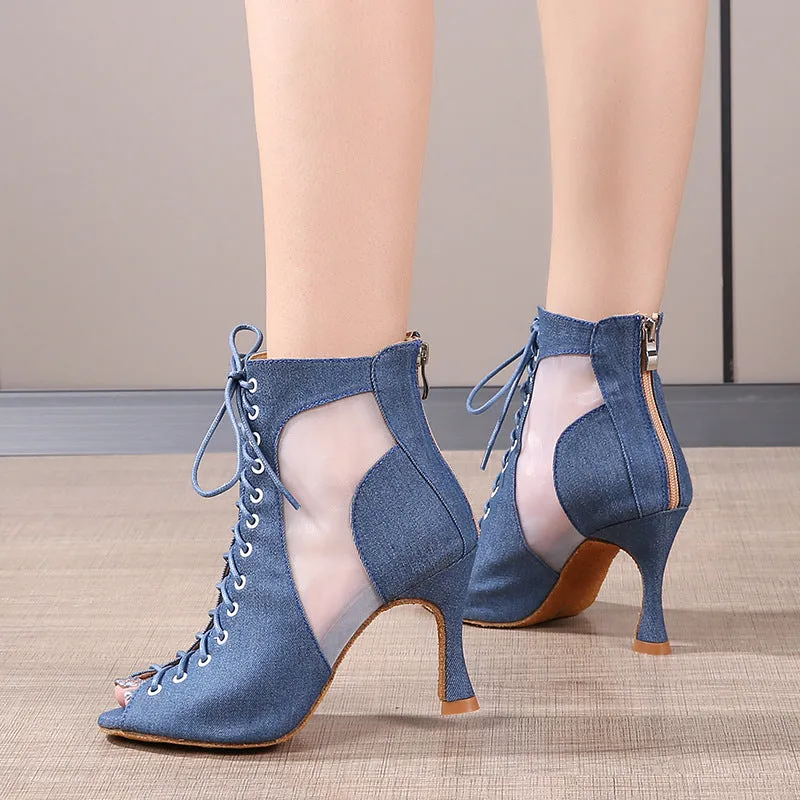 Women's Blue Customized Heel Denim Jazz Shoes Dance Heels Boots