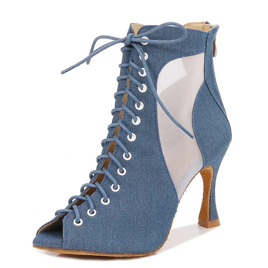 Women's Blue Customized Heel Denim Jazz Shoes Dance Heels Boots