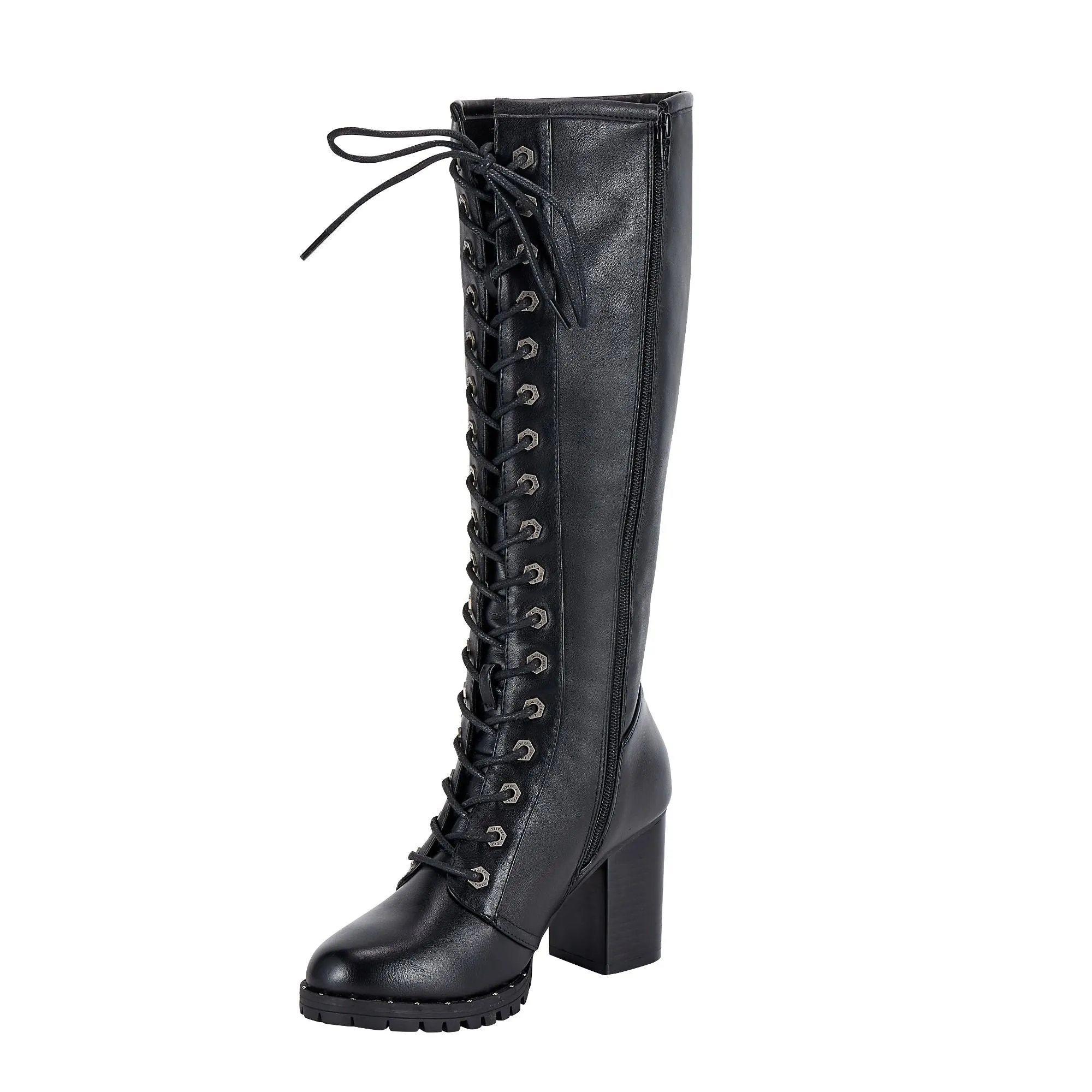 Women's Knee High Laced Boots with Zipper on Side