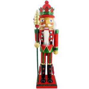 Wooden Red & Green Glittered King Nutcracker Holding a Sceptor