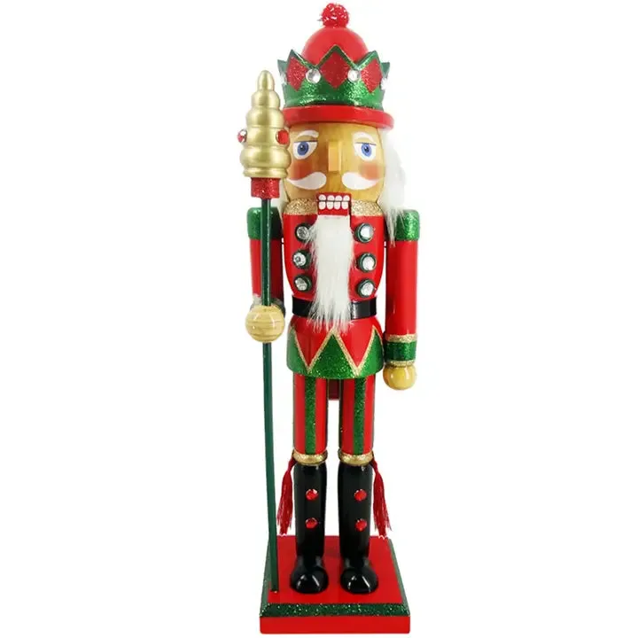 Wooden Red & Green Glittered King Nutcracker Holding a Sceptor