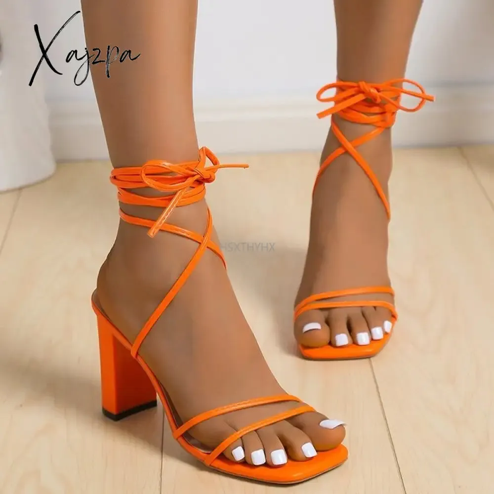 Xajzpa - Cross Bandage High Heels Sandals Women Summer Fashion Lace-Up High Heels Peep Toe Shoes Female Square Heel Ladies Sandals