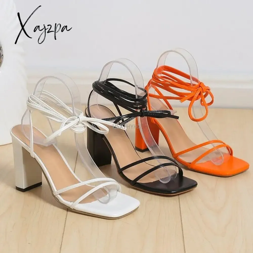 Xajzpa - Cross Bandage High Heels Sandals Women Summer Fashion Lace-Up High Heels Peep Toe Shoes Female Square Heel Ladies Sandals