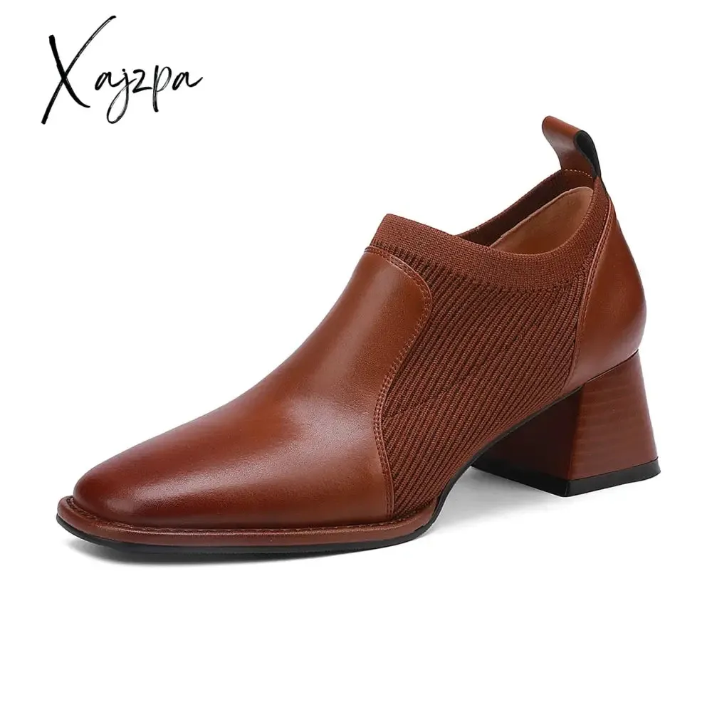 Xajzpa - Women Heels Shoes Cow Split Leather Brown High Heels Pigskin Lining and Insole Office Dress Sock Pumps Spring Autumn Big Size 42