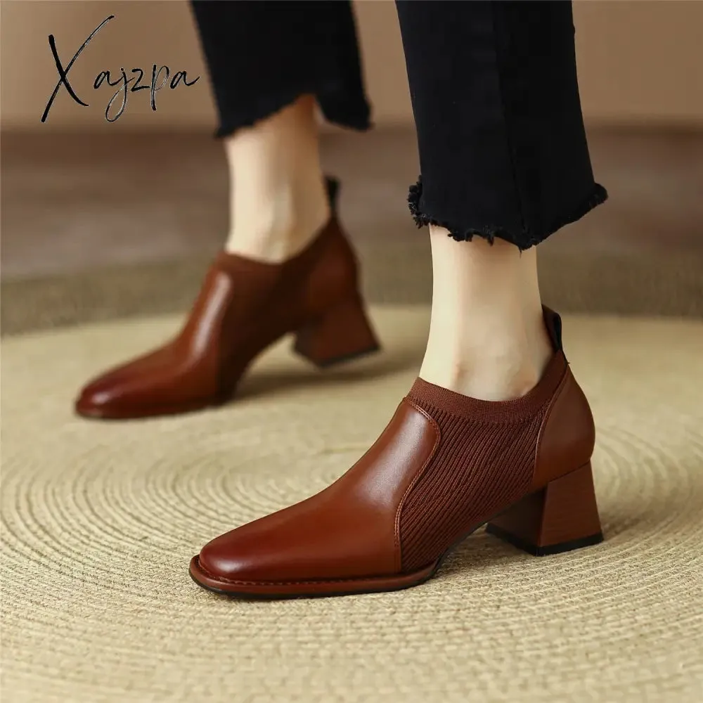 Xajzpa - Women Heels Shoes Cow Split Leather Brown High Heels Pigskin Lining and Insole Office Dress Sock Pumps Spring Autumn Big Size 42