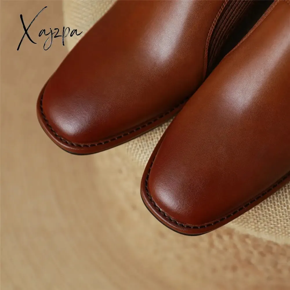 Xajzpa - Women Heels Shoes Cow Split Leather Brown High Heels Pigskin Lining and Insole Office Dress Sock Pumps Spring Autumn Big Size 42