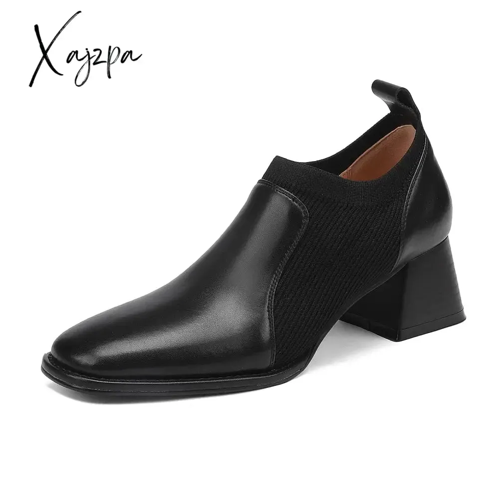 Xajzpa - Women Heels Shoes Cow Split Leather Brown High Heels Pigskin Lining and Insole Office Dress Sock Pumps Spring Autumn Big Size 42