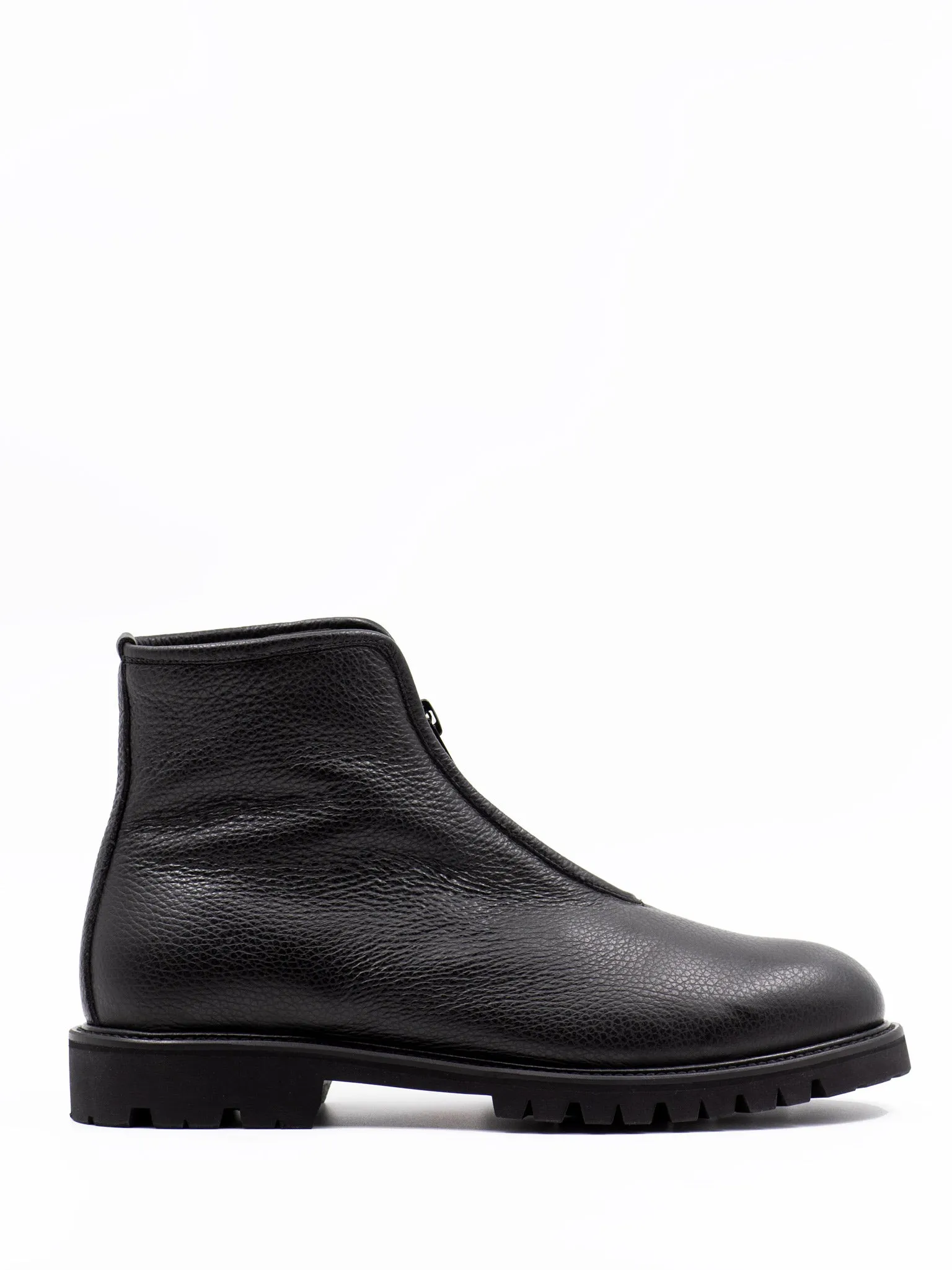 Zip-front shearling-lined ankle boots in grained leather